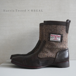 美品 ハリスツイード×リーガル HARRIS TWEED REGAL レザー ミドル ブーツ 25 cm メンズ シューズ ファッション ブラウン 茶 系 革の画像1