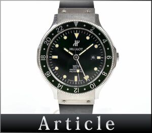 162008◇動作確認済 HUBLOT ウブロ MDM GMT 腕時計 クォーツ デイト ラウンドフェイス 1472.1 SS レザー グリーン シルバー メンズ/ D