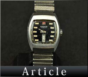 H0063♪ 動作未確認 SANDOZ サンドス メンズ ウォッチ 腕時計 自動巻き デイデイト 3針 バーインデックス SS ブラック シルバー/ D