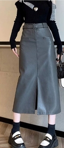  женский PU кожа длинная юбка серый XL