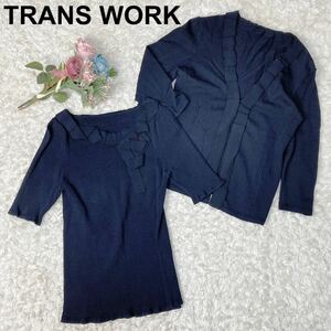 TRANS WORK trance Work ensemble cardigan pull over knitted ribbon navy 38 lady's B102317-102