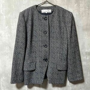 【希少】Christian Dior クリスチャンディオール ノーカラージャケット ウール 総柄 グレー L