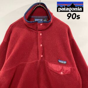 patagonia 90s シンチラ スナップT フリース エンジ 95年製 M 美品 フリースジャケット パタゴニア ビンテージ ハーフボタン 赤 ブルゾン