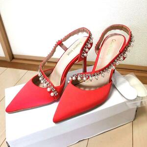  party high heel 24cm. red pearl & Stone pin heel 9.2cm