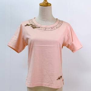 S055 * beautiful goods * ecriture lady's T-shirt short sleeves popular pink on goods femi person elegant ga- Lee embroidery side slit shoulder pad leopard 