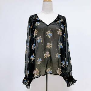 S447 ★美品★ ZARA BASIC レディース ブラウス 長袖 かわいい L 黒 花柄 上品 ゆるふわ フェミニンフローラルスタイル 透け感 