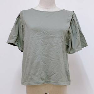 S516 ★美品★ earth レディース カットソー Tシャツ 半袖 フリル F 無地 綿100% 上品 人気 シンプルデイリーカジュアル くすみグリーン 