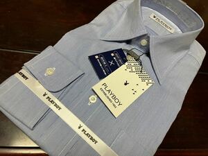 PLAYBOY☆形態安定　濃いめブルー細かなストライプワイシャツ　M(39-82)　レギュラーカラー