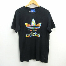 s■アディダス/adidas トレフォイル ビッグロゴプリント Tシャツ【2XO】黒/MENS/2【中古】_画像1