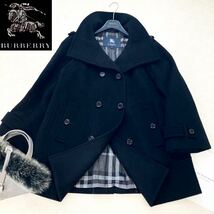 大きいサイズ◆美品◆バーバリー BURBERRY 44/13号/XL-3L 2way☆ゆったりAラインウールコート 黒×シャドーチェック フォーマル おでかけ_画像1