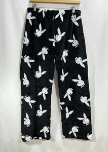 ■ PLAYBOY SLEEPWEAR プレイボーイ 兎 ウサギ 総柄 イージー パジャマ パンツ 古着 サイズM ブラック ホワイト フリース ■