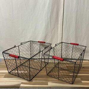 【PUEBCO】Grocery Basket / Large 赤い持ち手のスクエアバスケット　W360×D240×H185（mm）2個セット　かご【送料無料】