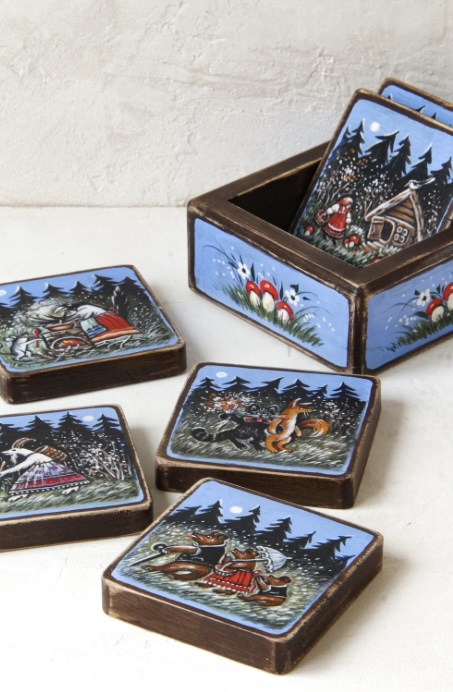 Russian Goods☆Folktale The House of Three Bears, White-bellied Magpie, and Rabbit Wooden Coasters (6 Matryoshka), Handmade items, interior, miscellaneous goods, ornament, object