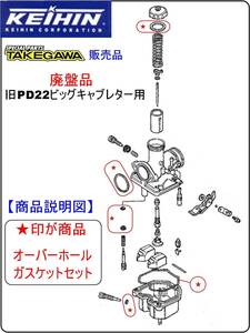 【タケガワ販売廃盤品-旧PD22ビッグキャブレター用】-【オーバーホールガスケット】-【新品-1set】キャブレター修理