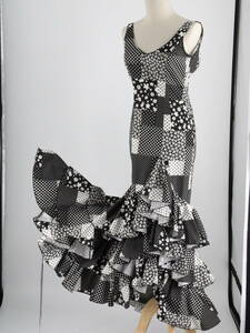 『送料無料』【美品 スペイン製 フラメンコ衣装】ブラック×マルチ柄×豪華フリル MOLINA モリーナ SEVILLA ドレス Flamenco