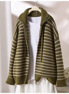 sn 高質 綿混 セーター ニット カーディガン 羽織物 アウター 前開け ゆったり 大人可愛 厚め 縞縞模様 オリーブオイル色