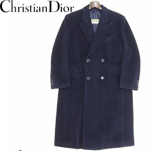 ヴィンテージ◆Christian Dior Monsieur クリスチャン ディオール ムッシュ ウール ダブル チェスター ロング コート 紺 ネイビー L