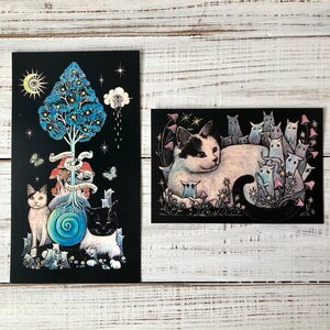 オリジナルポストカード2枚セット 変形サイズ と通常サイズ「ひとときの魔法」「猫木霊」★ 猫 星月猫 アート