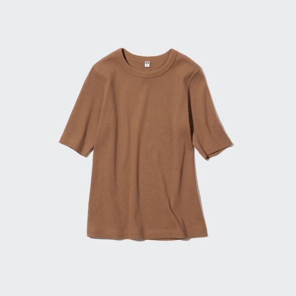 ユニクロ UNIQLO リブクルーネックT 5分袖 ブラウン L