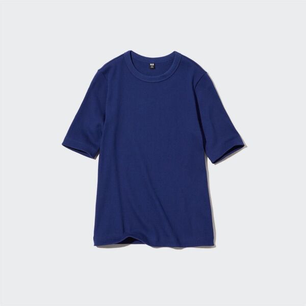 ユニクロ UNIQLO リブクルーネックT(5分袖)ブルー L