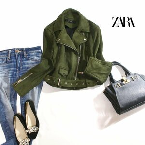 美品 ZARA BASIC ザラ ベーシック ■ 秋 冬 厚手 スエードライダースジャケット L グリーン 緑 カーキ 上着 ライダース ジャケット