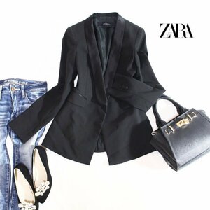 美品 合物 ZARA BASIC ザラ 洗練 サテン切替 高級感 スーツ ロングジャケット テーラードジャケット S フォーマル ブラック 黒 シンプル