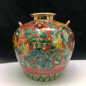 【B1025U】九谷焼 色絵賢人図 耳付花器 花瓶 壺 青木木米 古美術 花器 色絵 陶器 