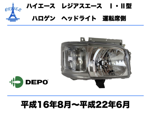 トヨタ ハイエース レジアスエース ヘッドライト 右 運転席側 ハロゲン 純正仕様 200系 Ⅰ型　Ⅱ型 標準 ワイド 平成16年8月〜平成22年6月