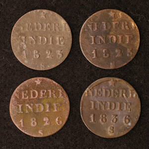 KM#287/オランダ領東インド 1/4 Stuiver銅貨（1823-36）4種セット[E2626]コイン、インドネシア、東インド会社、蘭印、VOC