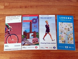 ロンドン中心部の無料配布地図4点■現地で入手＊英語/1枚物折畳み■Cycle Guide No.10 2002/Bus Guide 2011/Walking 2012他 ■送料￥250～