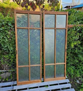  japanese antique glass window 2 pieces set sliding door fittings old tool Taisho Showa Retro old house delivery old Japanese-style house lino beige .n wooden × pear ground glass 