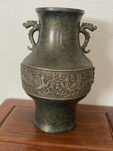 中国美術 古美術 銅製鳳鳥雕雙龍耳花瓶 花器