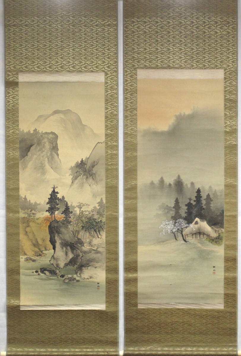 Auténtico Masuda Ryugai escrito a mano Paisaje de primavera y otoño Pintura japonesa sobre seda Pergamino colgante Ceremonia del té Arreglo floral Kaiseki Primavera Verano Otoño Invierno Artículos escolares Shijo para el Ministerio de la Casa Imperial, Emperatriz, y funcionarios del Príncipe Heredero, cuadro, pintura japonesa, paisaje, Fugetsu