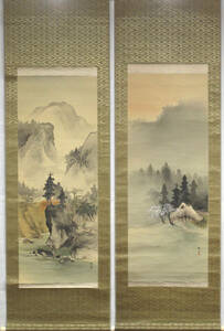 Art hand Auction Authentic Handwritten Masuda Ryugai Spring and Autumn Landscape Japanese Painting on Silk Hanging Scroll Tea Ceremony Flower Arrangement Kaiseki Spring Summer Autumn Winter Shijo School Items for the Imperial Household Ministry, Empress, and Crown Prince Officials, painting, Japanese painting, landscape, Fugetsu