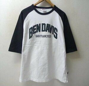 ◆BEN DAVIS ベンデイヴィス アーチカレッジロゴデザイン オーバーサイズ ラグラン Tシャツ 白黒 サイズXL　汚れあり