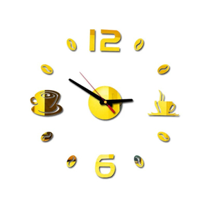 壁 時計 コーヒーカップ アート クロック アクリル ステッカー 装飾 コーヒー豆 リビングルーム ダインイング キッチン 40cm ゴールド