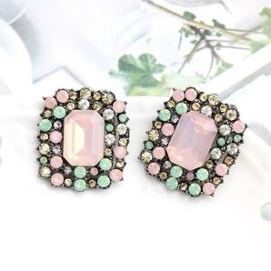 ラインストーンデコレーション 幾何学模様スタッドピアス ピンク