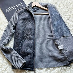 極美品●アルマーニ エクスチェンジ ムートンジャケット ニット ボアジップジャケット ブルゾン ARMANI EXCHANGEエコレザー ローゲージ