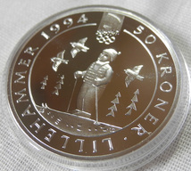 ノルウェー 50クローナー プルーフ銀貨 1991 リレハンメル五輪 オリンピック記念 1994年 スキー 1/2oz_画像2