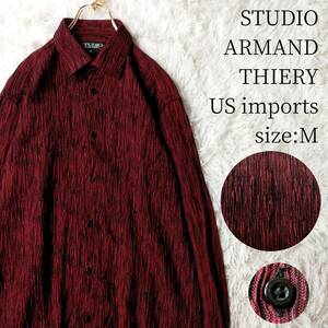 US輸入古着 STUDIO ARMAND THIERY 長袖シャツ Mサイズ 総柄 まだら模様 縞模様 ドレスシャツ カジュアル ポケットレス レッド ブラック 赤