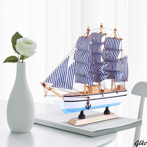 帆船 木製 帆船模型 船モデル 置物 手作り DIY インテリア 卓上 オフィス 装飾 誕生日 ギフト スカイブルー