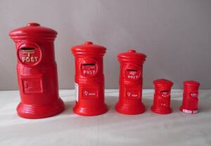 郵便ポストの貯金箱（大小５種類）１セット：赤色・陶器製４個とプラスチック製１個・日本郵便のポスト・コレクション・貯金箱の置物