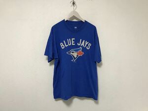 本物マジェスティックMajestic MLB TORONTO BLUE JAYSトロントブルージェイズコットンプリント半袖Tシャツメンズスポーツ野球青XL古着