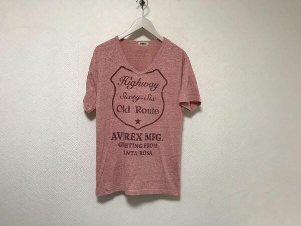 本物アヴィレックスAVIREXコットンプリントVネック半袖TシャツメンズサーフアメカジミリタリーワークビジネスワークLピンク