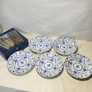 【食器】 未使用　Blue Copen 三洋陶器 サンヨー ブルーコペン 23.5cm 花柄 プレート カレー皿 5枚セット　　管1015o35