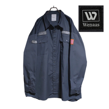 Wenaas 長袖ワークシャツ size 5XL ビッグ キング 鉄紺色 ゆうパケットポスト可 胸 袖 背中 ワッペン HALLIBURTON 古着 洗濯 プレス済 832_画像1