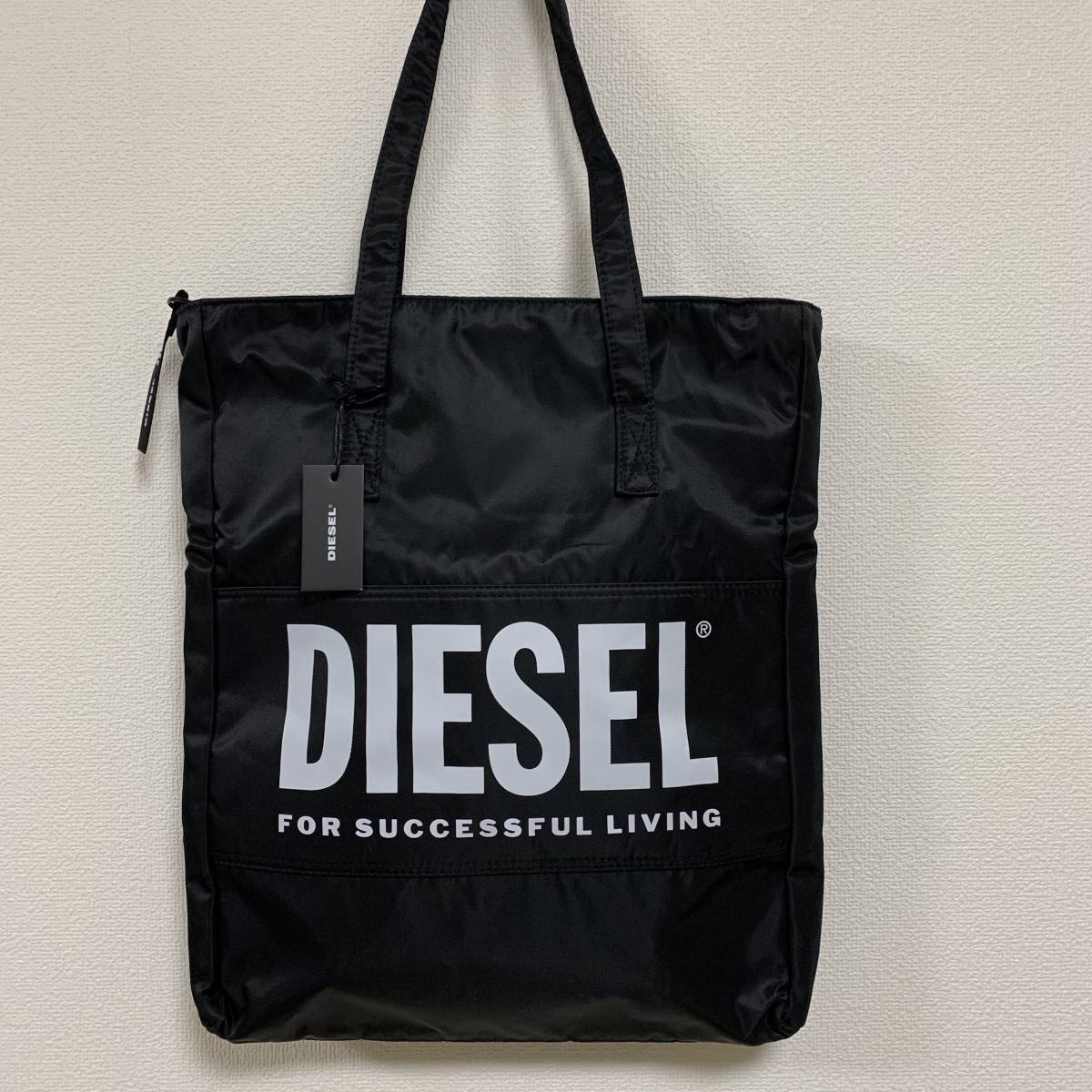 美品】DIESEL レザー メンズ トートバッグ オールブラック ロゴ 大容量-