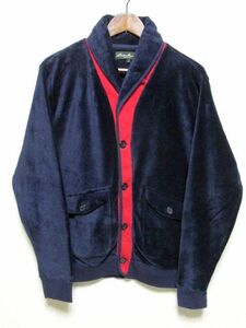 ★美品★Eddie Bauer エディーバウアー ショールカラー フリース カーディガン M★紺 ネイビー×レッド ジャケット アウトドア 状態良好