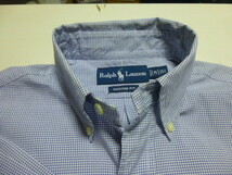 美品 Ralph Lauren ラルフローレン 長袖ボタンダウンシャツ サイズM-１５1/2 白地に黒と青の細線チェック柄 裾はラウンドカット CUSTOM FIT_画像2