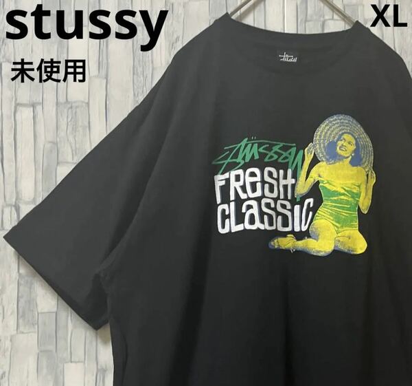 stussy ステューシー 半袖 Tシャツ ビッグロゴ デカロゴ サイズXL ブラック タグ付き 未使用 麦わら帽子 女性 送料無料